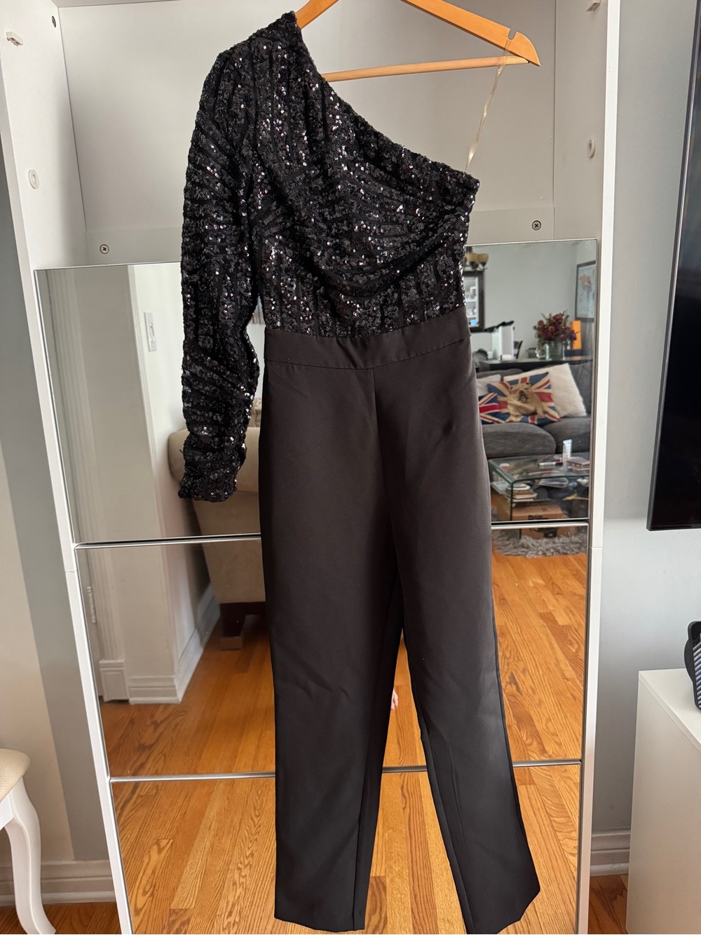 House of CB Black One-Shoulder Sequin Jumpsuit XS